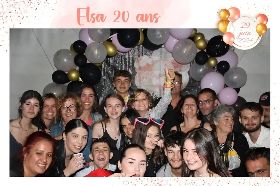 Masque d'impression photobooth, anniversaire : vingt ans : ballons, confettis, prénom en grand